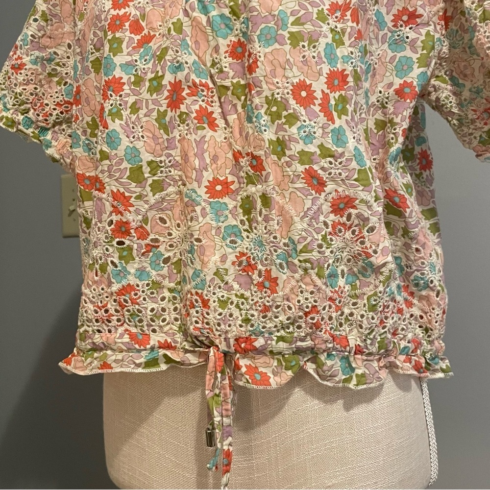 Anthropologie Jennifer & Grace Floral Cotton Blouse with Ruffle Trim - Picture 4 of 7
